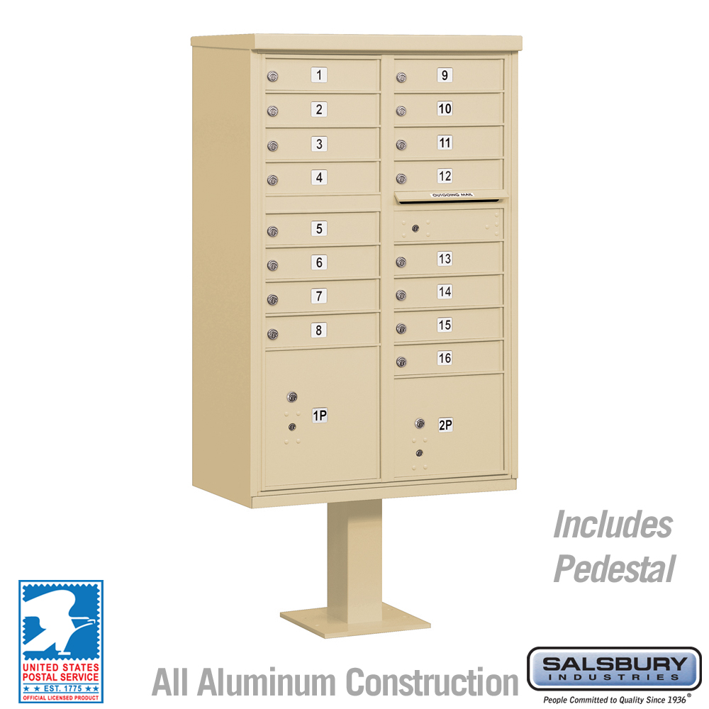 Salsbury 3316-U 16 Door Cluster Mailbox Premium Package with Pedestal and Installation Hardware