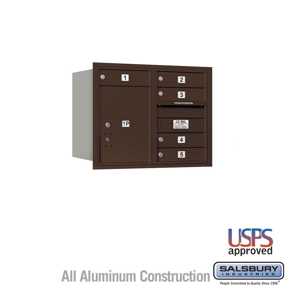 Salsbury 6 Door High Recessed Mounted 4C Horizontal Mailbox with 5 Doors and 1 Parcel Locker with USPS Access - Rear Loading