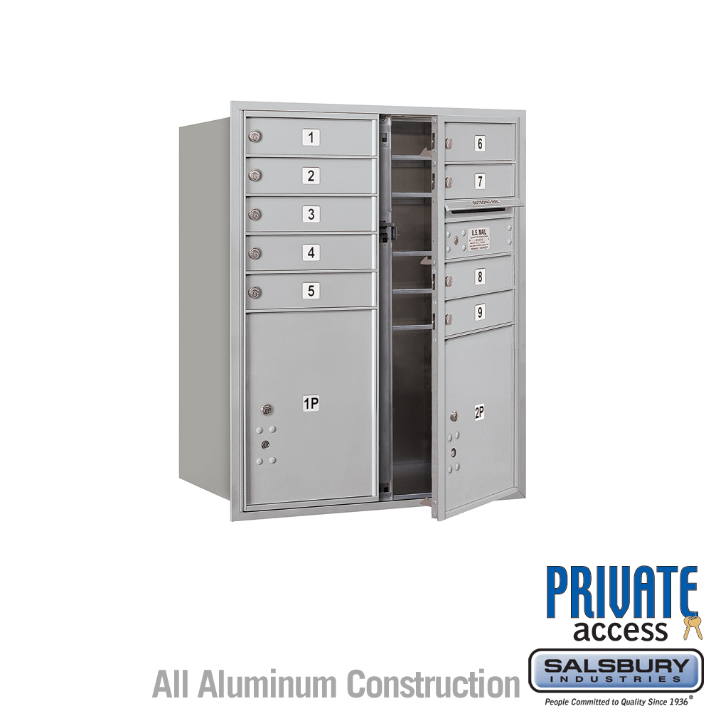 Salsbury 10 Door High Recessed Mounted 4C Horizontal Mailbox with 9 Doors and 2 Parcel Lockers with Private Access - Front Loading