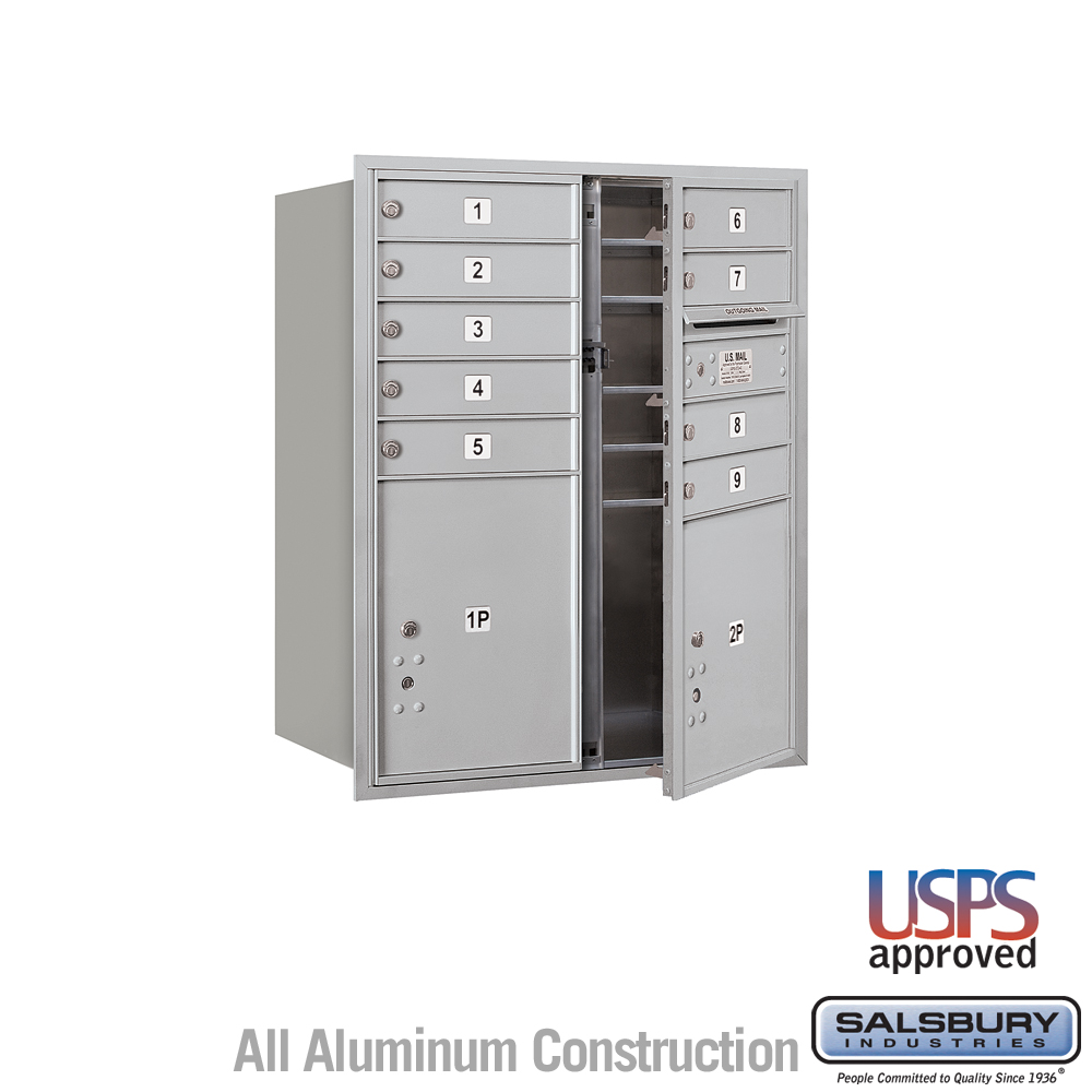 Salsbury 10 Door High Recessed Mounted 4C Horizontal Mailbox with 9 Doors and 2 Parcel Lockers with USPS Access - Front Loading