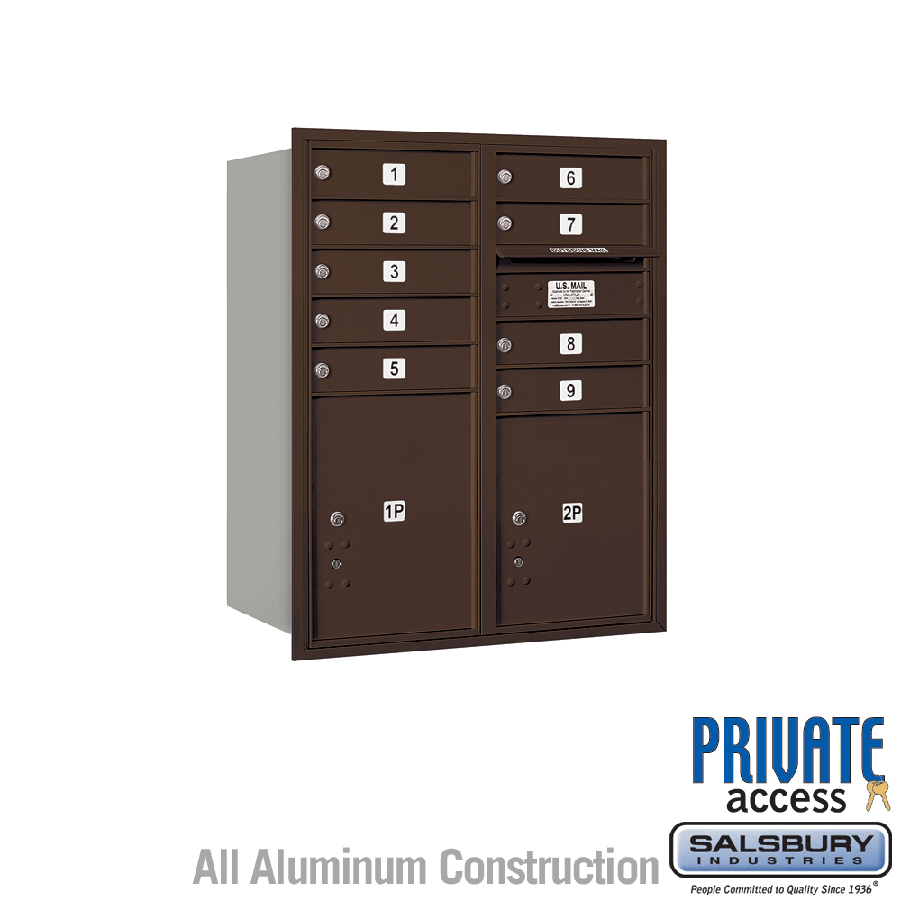 Salsbury 10 Door High Recessed Mounted 4C Horizontal Mailbox with 9 Doors and 2 Parcel Lockers with Private Access - Rear Loading