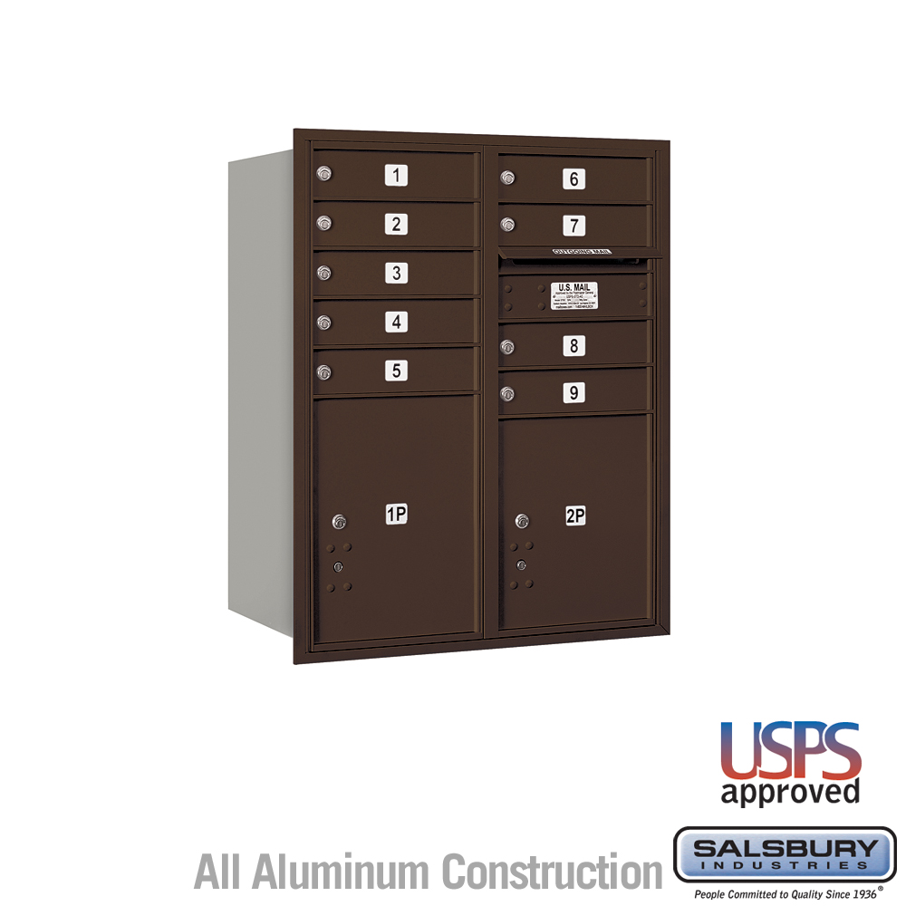 Salsbury 10 Door High Recessed Mounted 4C Horizontal Mailbox with 9 Doors and 2 Parcel Lockers with USPS Access - Rear Loading