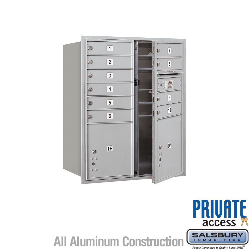 Salsbury 10 Door High Recessed Mounted 4C Horizontal Mailbox with 10 Doors and 2 Parcel Lockers with Private Access - Front Loading