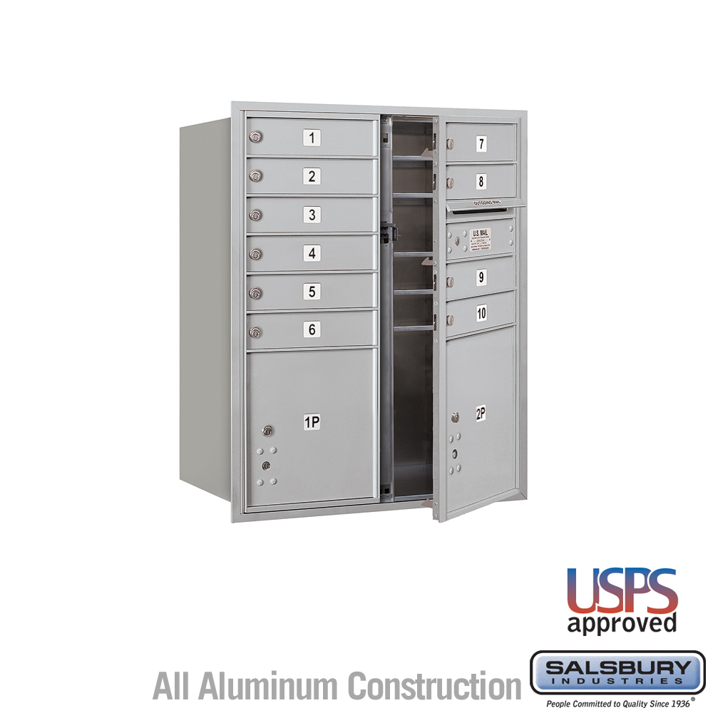 Salsbury 10 Door High Recessed Mounted 4C Horizontal Mailbox with 10 Doors and 2 Parcel Lockers with USPS Access - Front Loading