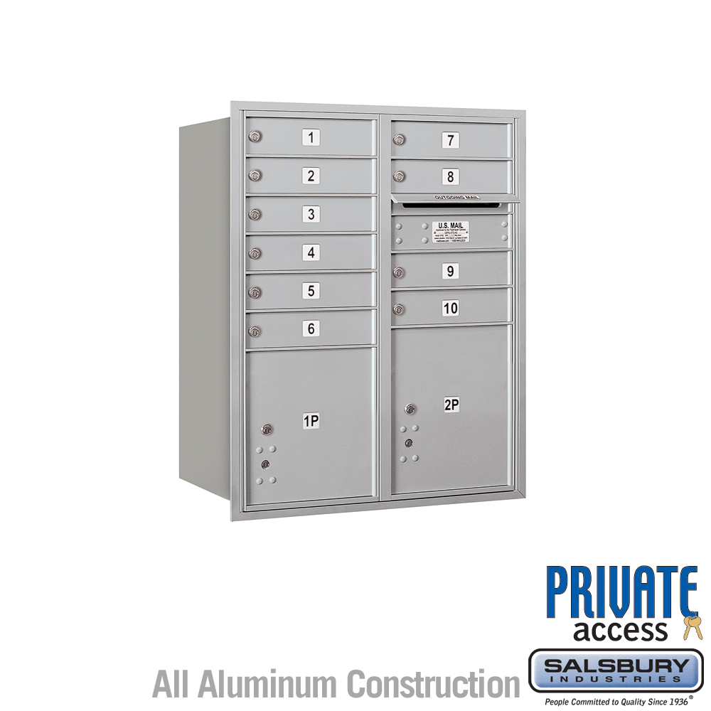 Salsbury 10 Door High Recessed Mounted 4C Horizontal Mailbox with 10 Doors and 2 Parcel Lockers with Private Access - Rear Loading