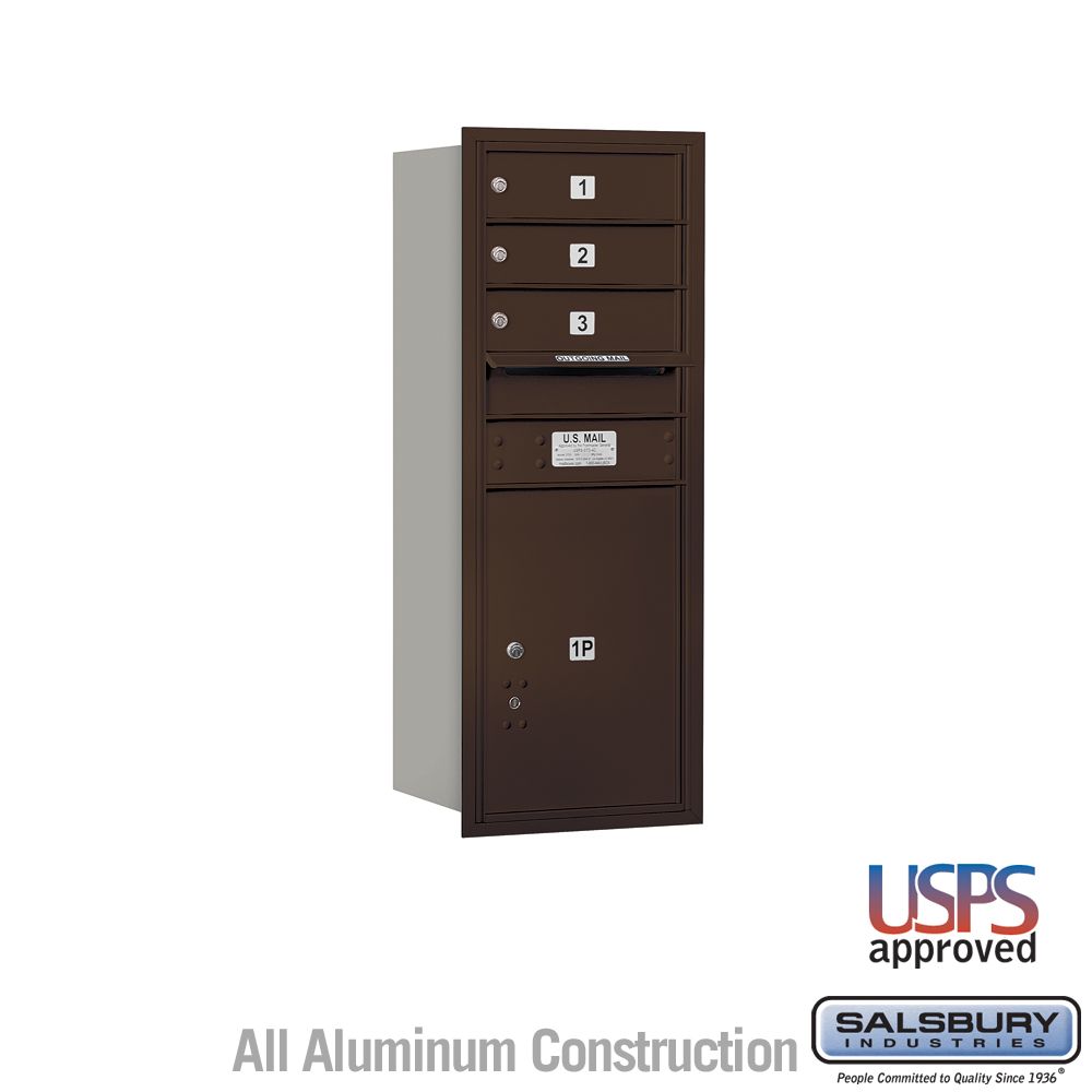 Salsbury 10 Door High Recessed Mounted 4C Horizontal Mailbox with 3 Doors and 1 Parcel Locker with USPS Access - Rear Loading