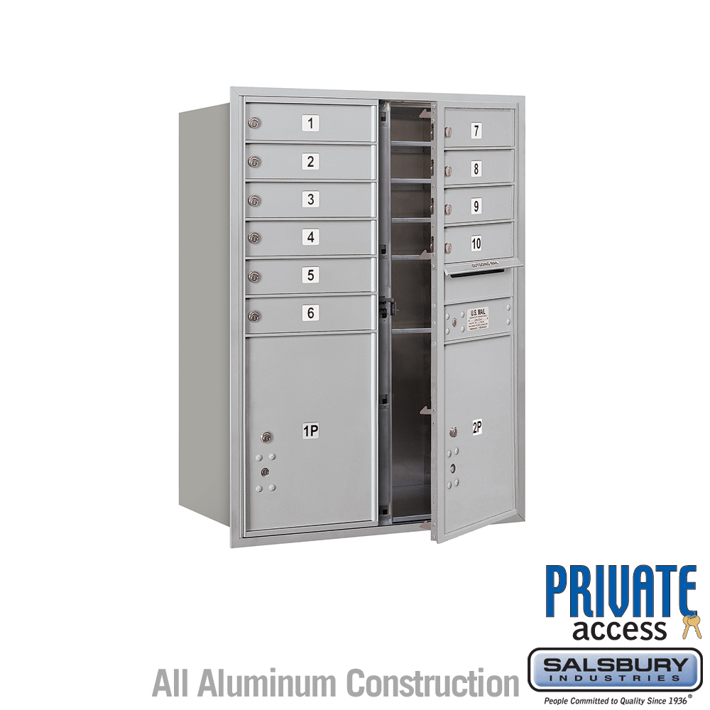 Salsbury 11 Door High Recessed Mounted 4C Horizontal Mailbox with 10 Doors and 2 Parcel Lockers with Private Access - Front Loading
