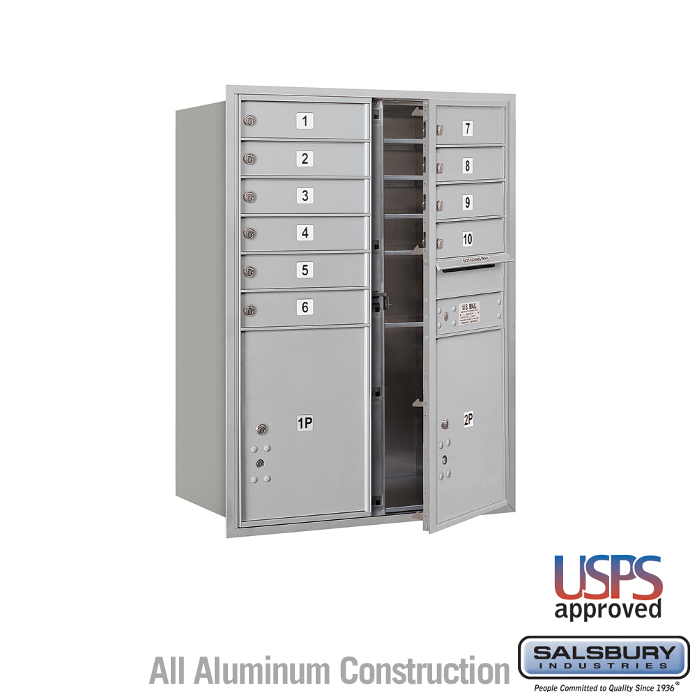 Salsbury 11 Door High Recessed Mounted 4C Horizontal Mailbox with 10 Doors and 2 Parcel Lockers with USPS Access - Front Loading