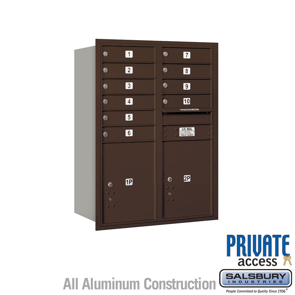 Salsbury 11 Door High Recessed Mounted 4C Horizontal Mailbox with 10 Doors and 2 Parcel Lockers with Private Access - Rear Loading