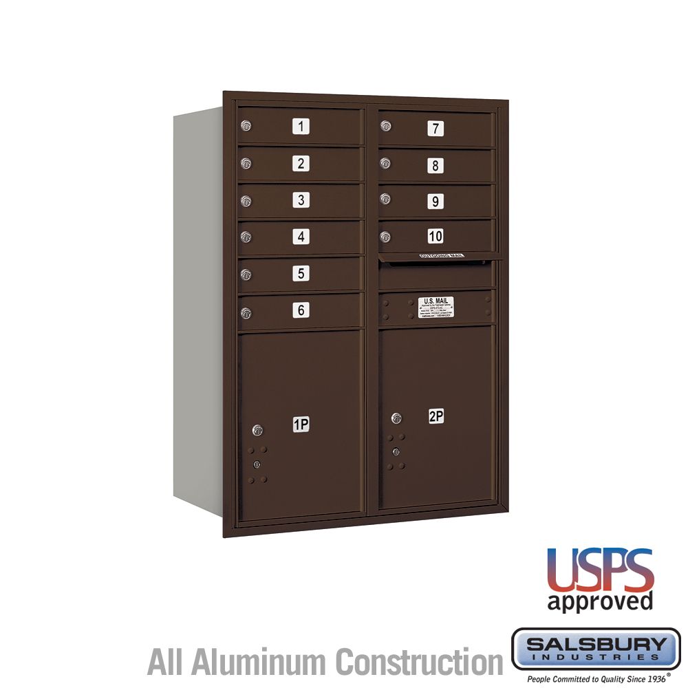 Salsbury 11 Door High Recessed Mounted 4C Horizontal Mailbox with 10 Doors and 2 Parcel Lockers with USPS Access - Rear Loading