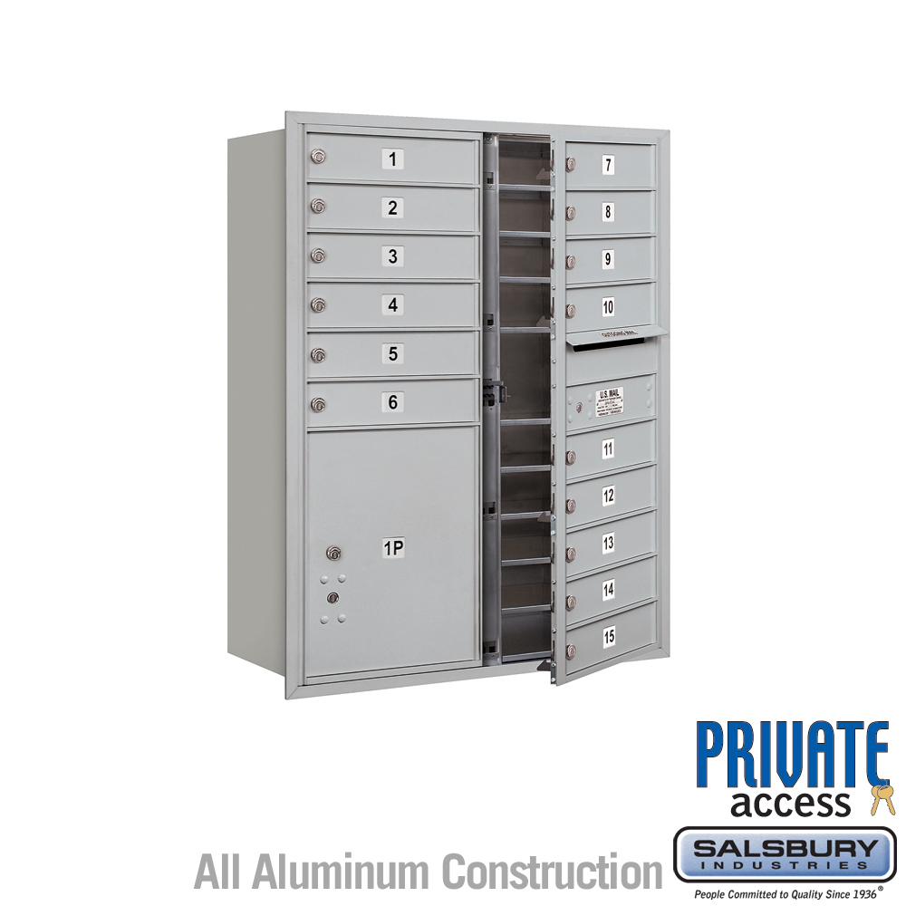 Salsbury 11 Door High Recessed Mounted 4C Horizontal Mailbox with 15 Doors and 1 Parcel Locker with Private Access - Front Loading