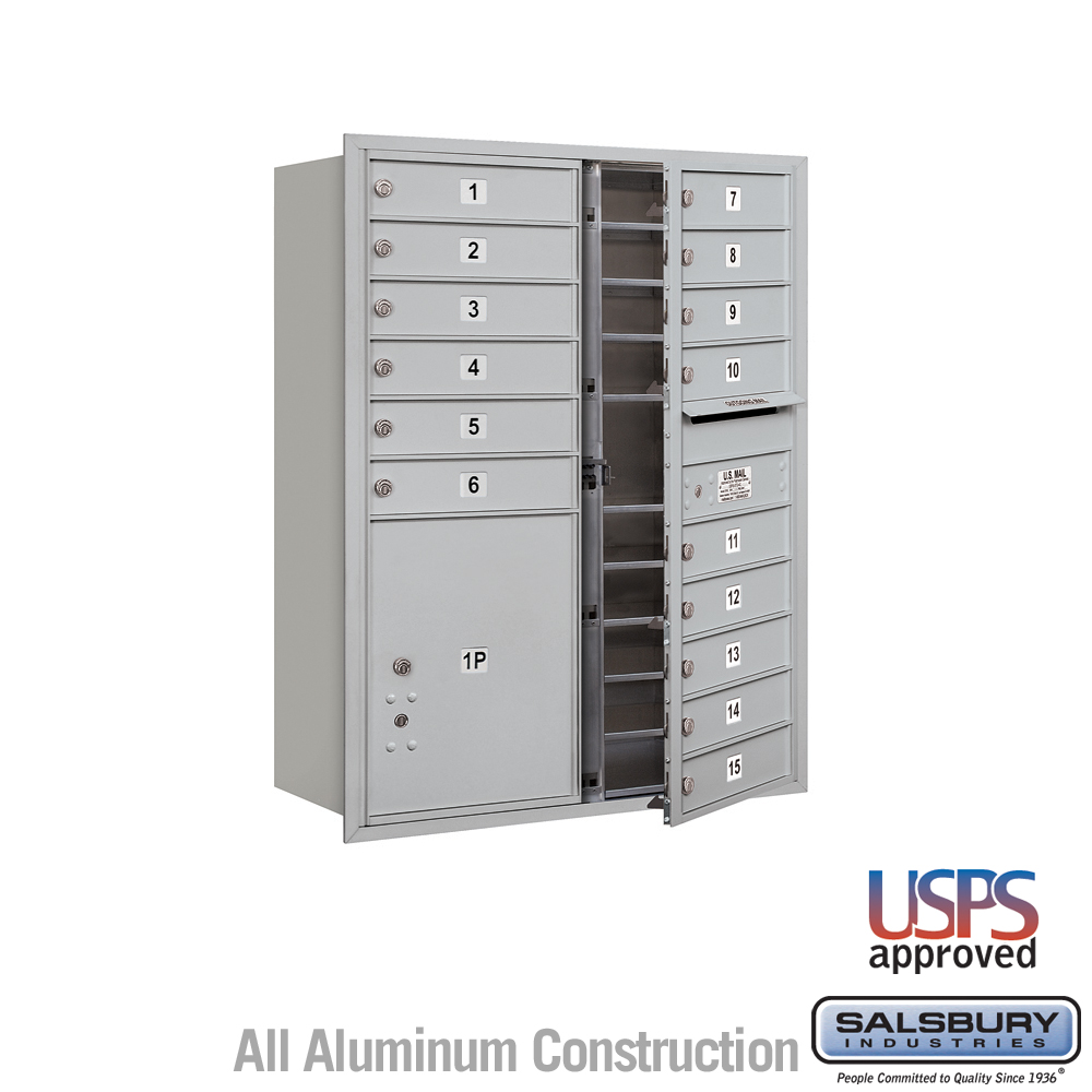 Salsbury 11 Door High Recessed Mounted 4C Horizontal Mailbox with 15 Doors and 1 Parcel Locker with USPS Access - Front Loading