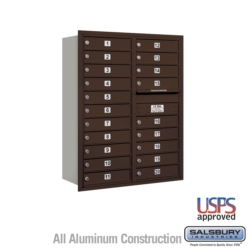 Salsbury 11 Door High Recessed Mounted 4C Horizontal Mailbox with 20 Doors with USPS Access - Rear Loading