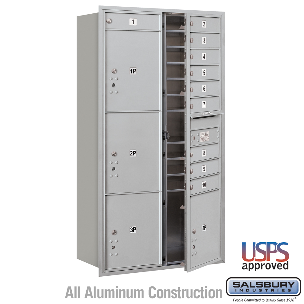 Salsbury Maximum Height Recessed Mounted 4C Horizontal Mailbox with 10 Doors and 4 Parcel Lockers with USPS Access - Front Loading