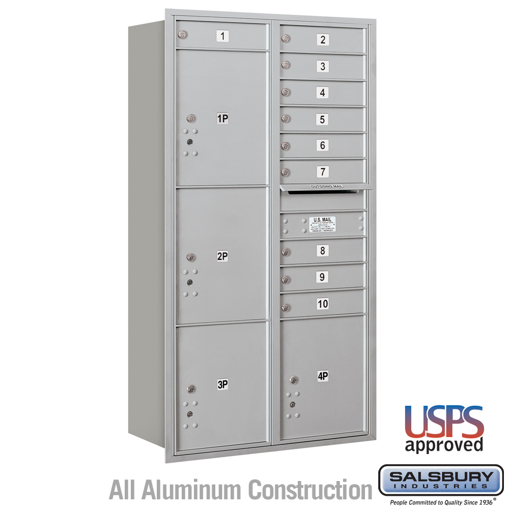 Salsbury Maximum Height Recessed Mounted 4C Horizontal Mailbox with 10 Doors and 4 Parcel Lockers with USPS Access - Rear Loading
