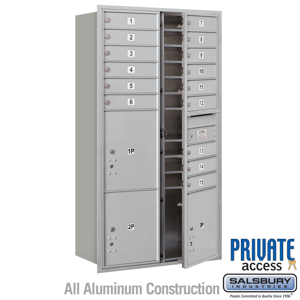 Salsbury Maximum Height Recessed Mounted 4C Horizontal Mailbox with 15 Doors and 3 Parcel Lockers with Private Access - Front Loading