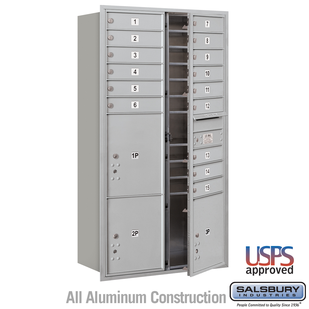 Salsbury Maximum Height Recessed Mounted 4C Horizontal Mailbox with 15 Doors and 3 Parcel Lockers with USPS Access - Front Loading