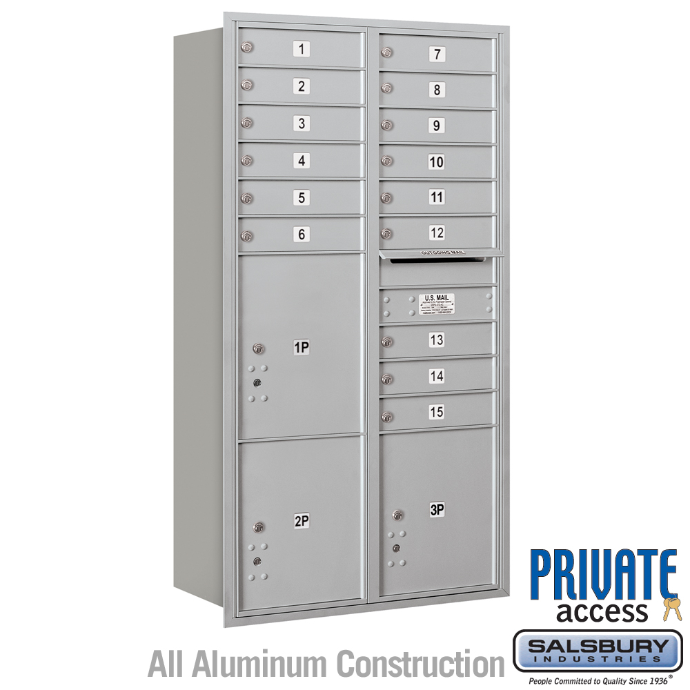 Salsbury Maximum Height Recessed Mounted 4C Horizontal Mailbox with 15 Doors and 3 Parcel Lockers with Private Access - Rear Loading
