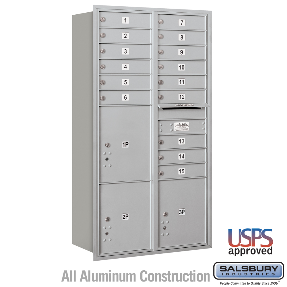 Salsbury Maximum Height Recessed Mounted 4C Horizontal Mailbox with 15 Doors and 3 Parcel Lockers with USPS Access - Rear Loading