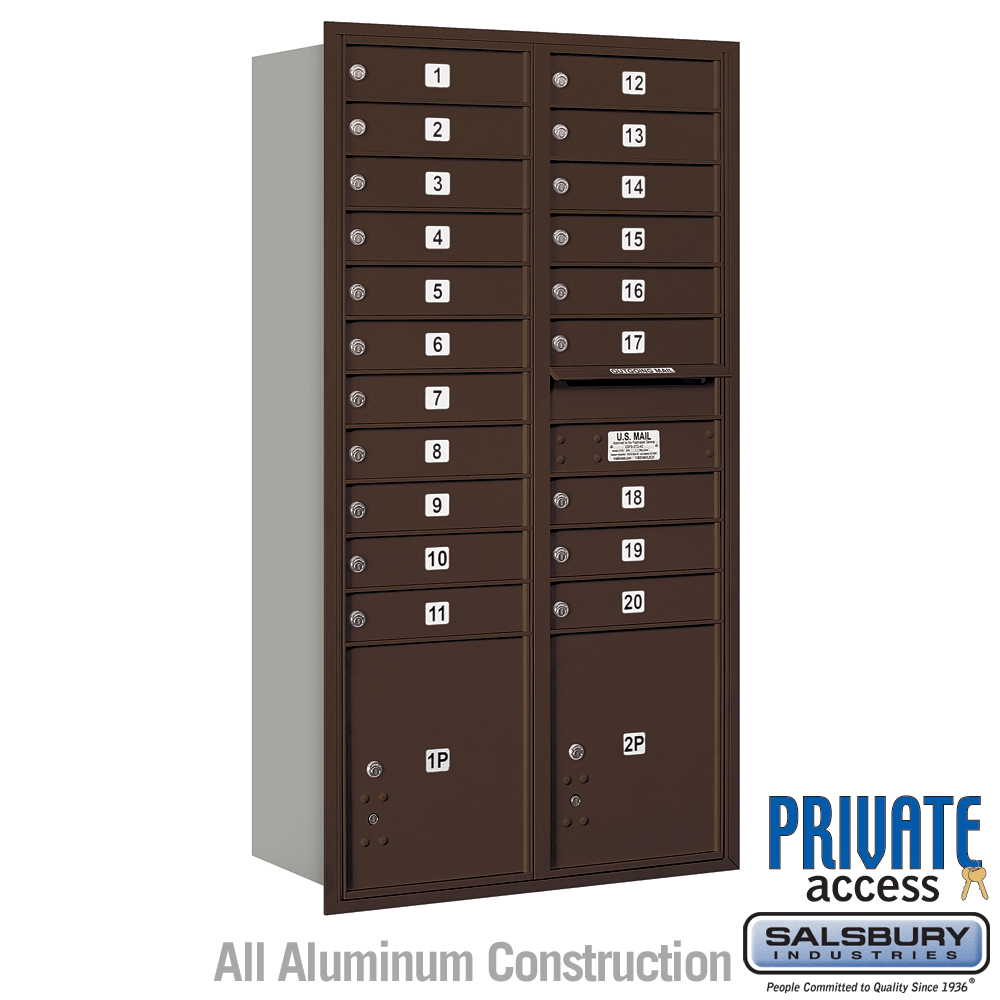 Salsbury Maximum Height Recessed Mounted 4C Horizontal Mailbox with 20 Doors and 2 Parcel Lockers with Private Access - Rear Loading