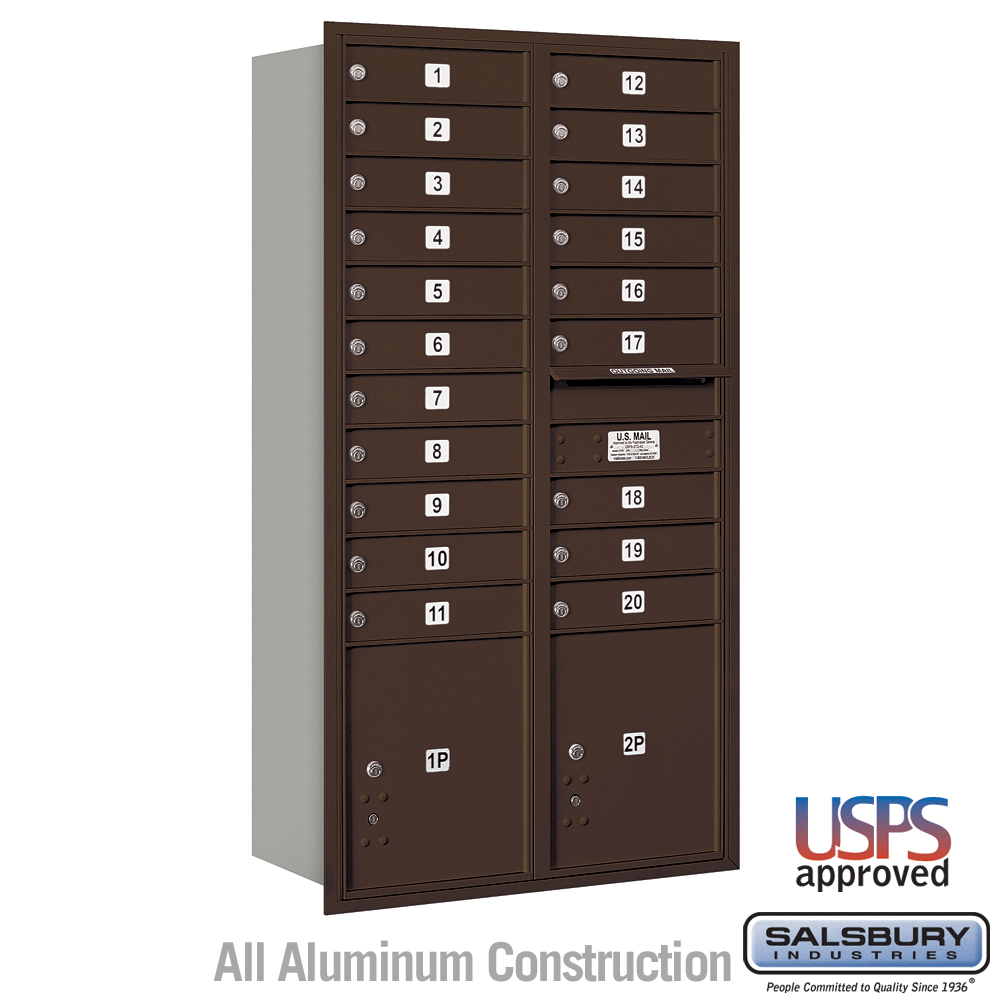 Salsbury Maximum Height Recessed Mounted 4C Horizontal Mailbox with 20 Doors and 2 Parcel Lockers with USPS Access - Rear Loading