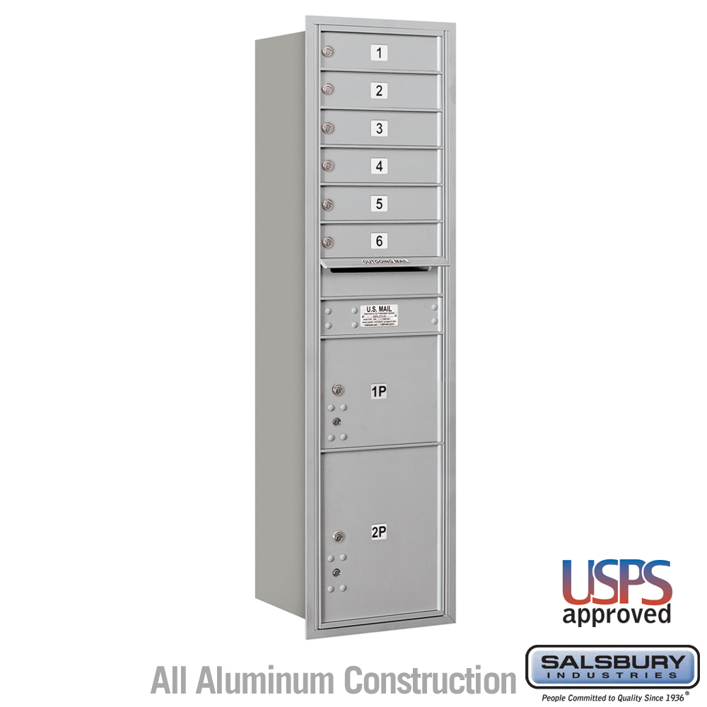 Salsbury Maximum Height Recessed Mounted 4C Horizontal Mailbox with 6 Doors and 2 Parcel Lockers with USPS Access - Rear Loading