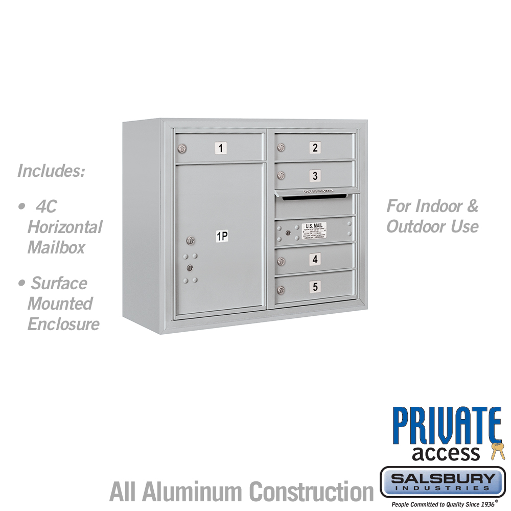 Salsbury 6 Door High Surface Mounted 4C Horizontal Mailbox with 5 Doors and 1 Parcel Locker with Private Access
