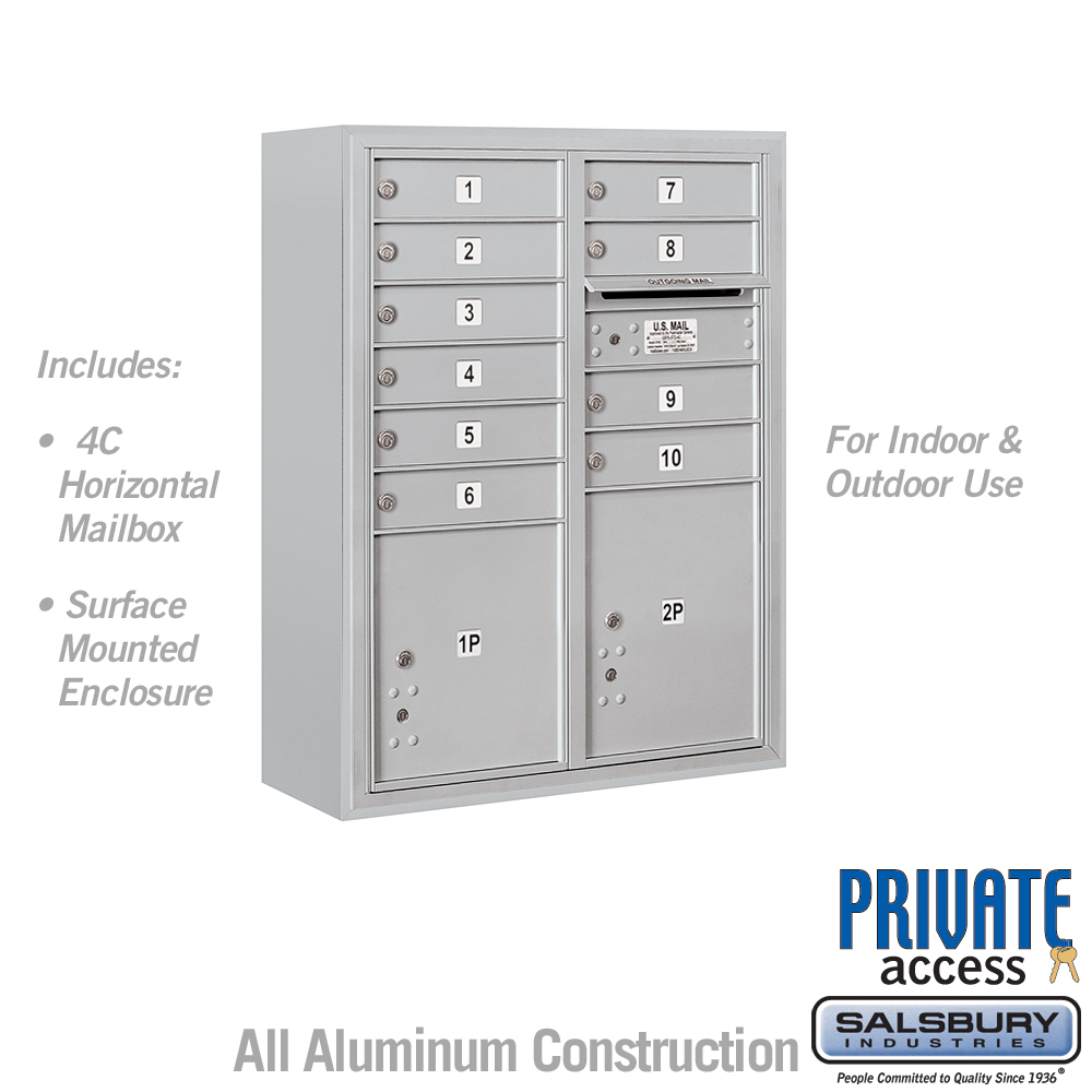 Salsbury 10 Door High Surface Mounted 4C Horizontal Mailbox with 10 Doors and 2 Parcel Lockers with Private Access