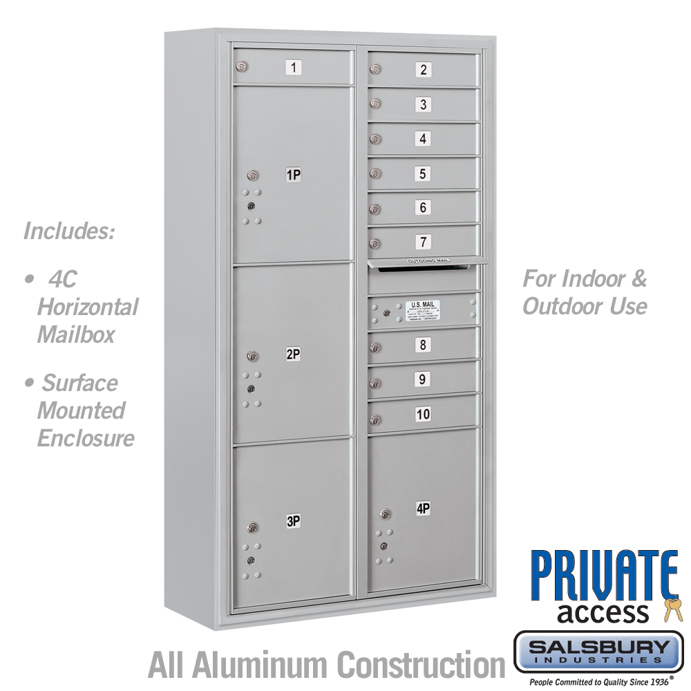 Salsbury Maximum Height Surface Mounted 4C Horizontal Mailbox with 10 Doors and 4 Parcel Lockers with Private Access