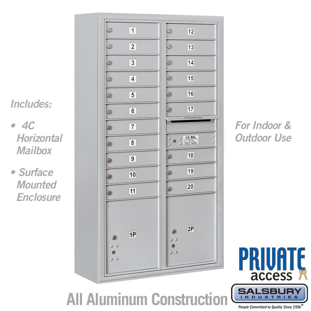 Salsbury Maximum Height Surface Mounted 4C Horizontal Mailbox with 20 Doors and 2 Parcel Lockers with Private Access