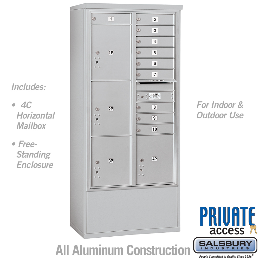Salsbury Maximum Height Free-Standing 4C Horizontal Mailbox with 10 Doors and 4 Parcel Lockers Private Access