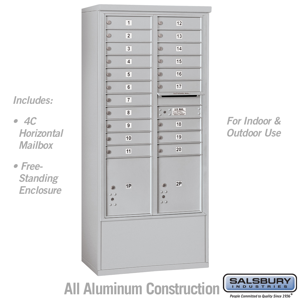 Salsbury Maximum Height Free-Standing 4C Horizontal Mailbox with 20 Doors and 2 Parcel Lockers in Aluminum with USPS Access