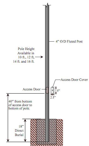 4 inch Diameter Fluted Aluminum Direct Burial Commercial Light Pole with Access Door