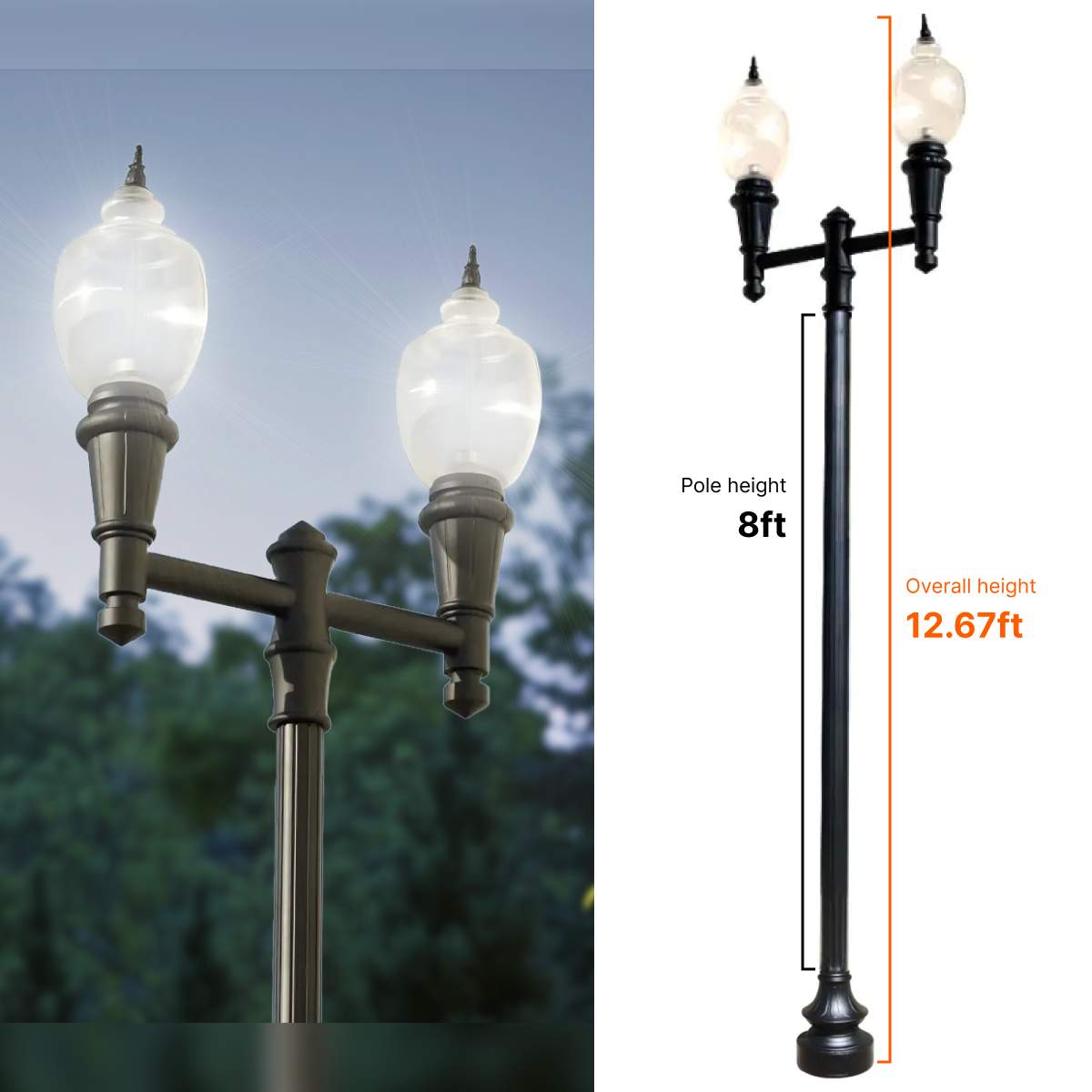 Double Head Municipal Quality LED Street Light Fixture, Pole, and Pedestal Combo With 8 Feet Pole