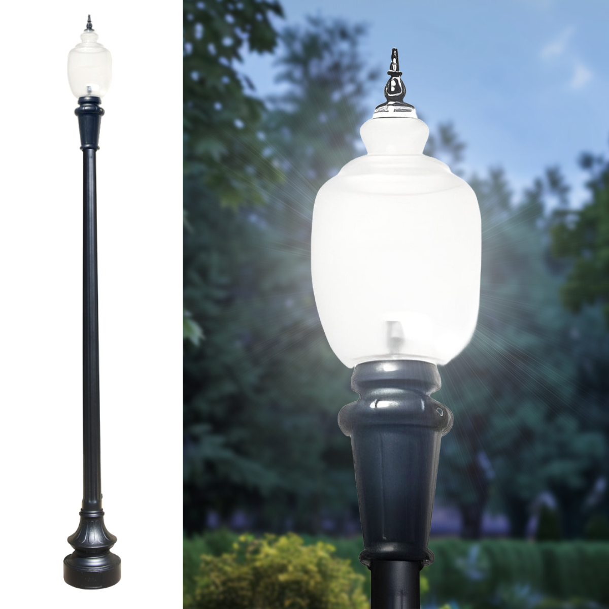 Affordable Decorative Municipal Quality LED Street Light Fixture, Pole, and Pedestal Combo