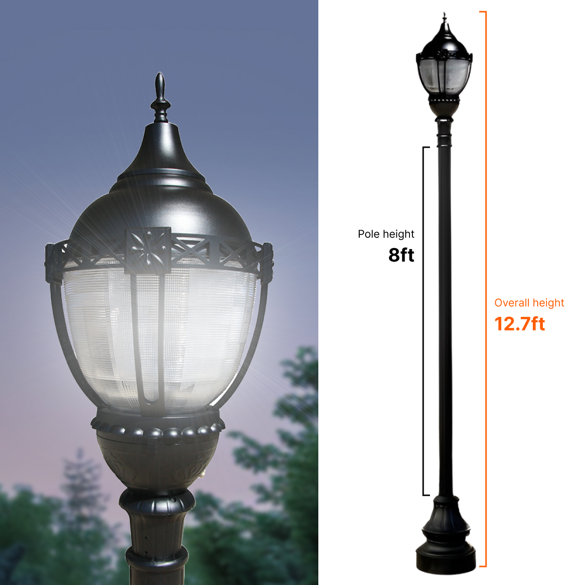 Premier Municipal Quality LED Street Light Fixture, 8ft Pole, and Pedestal Combo