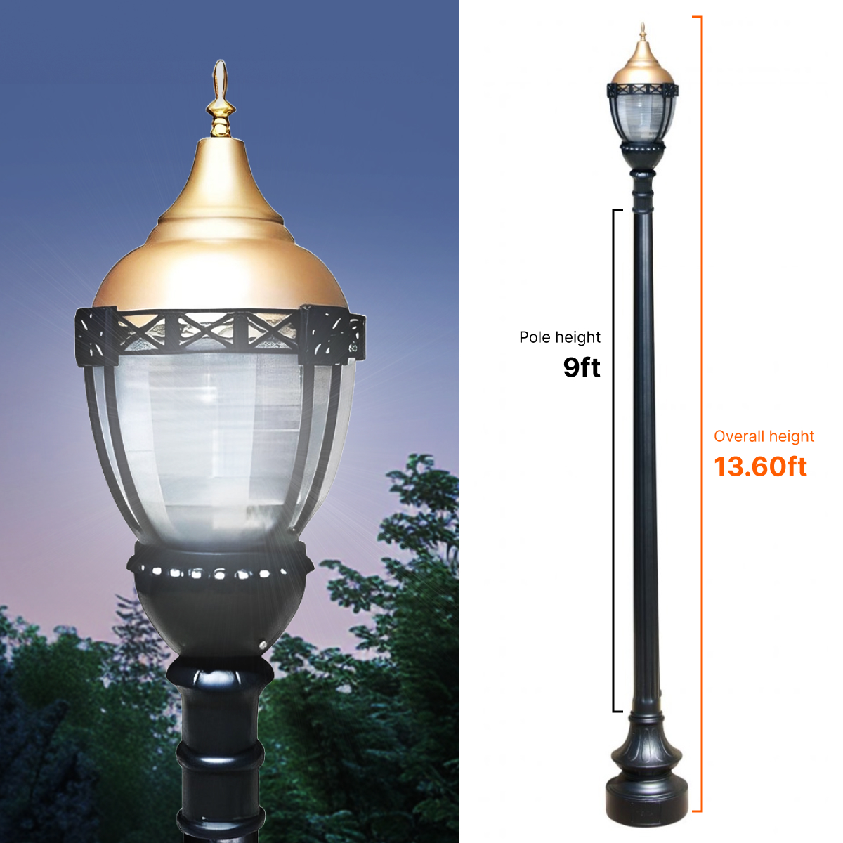 Premier Municipal Quality LED Street Light Fixture, 9ft Pole, and Pedestal Combo with Gold Globe