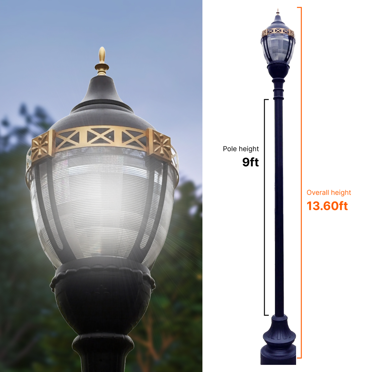 Premier Municipal Quality LED Street Light Fixture, 9ft Pole, and Pedestal Combo with Gold Trim