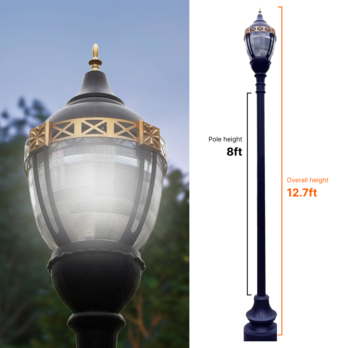 Premier Municipal Quality LED Street Light Fixture, 8ft Pole, and Pedestal Combo with Gold Trim