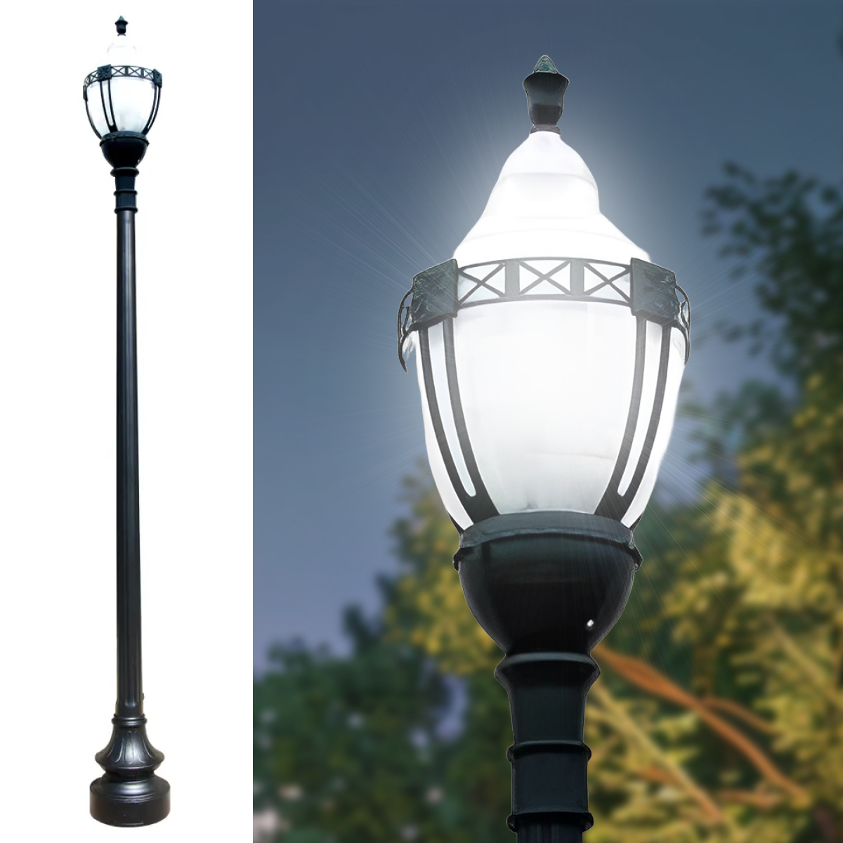 Premium Decorative Municipal Quality LED Street Light Fixture, Pole, and Pedestal Combo
