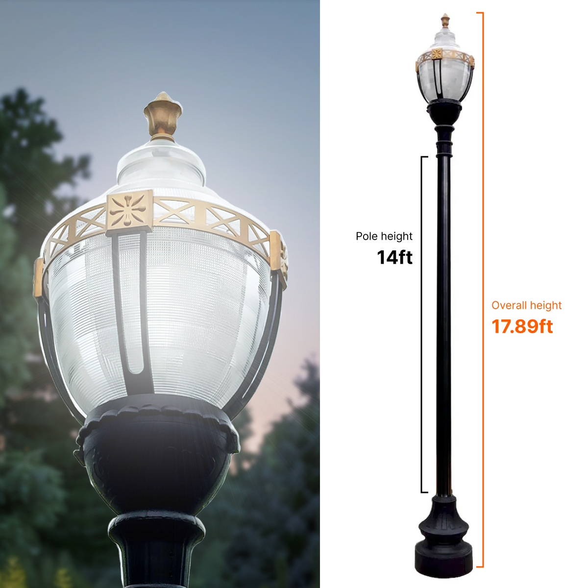 Newport Style Municipal Quality LED Street Light Fixture, 12 Feet Pole , and Pedestal Combo with Gold Trim