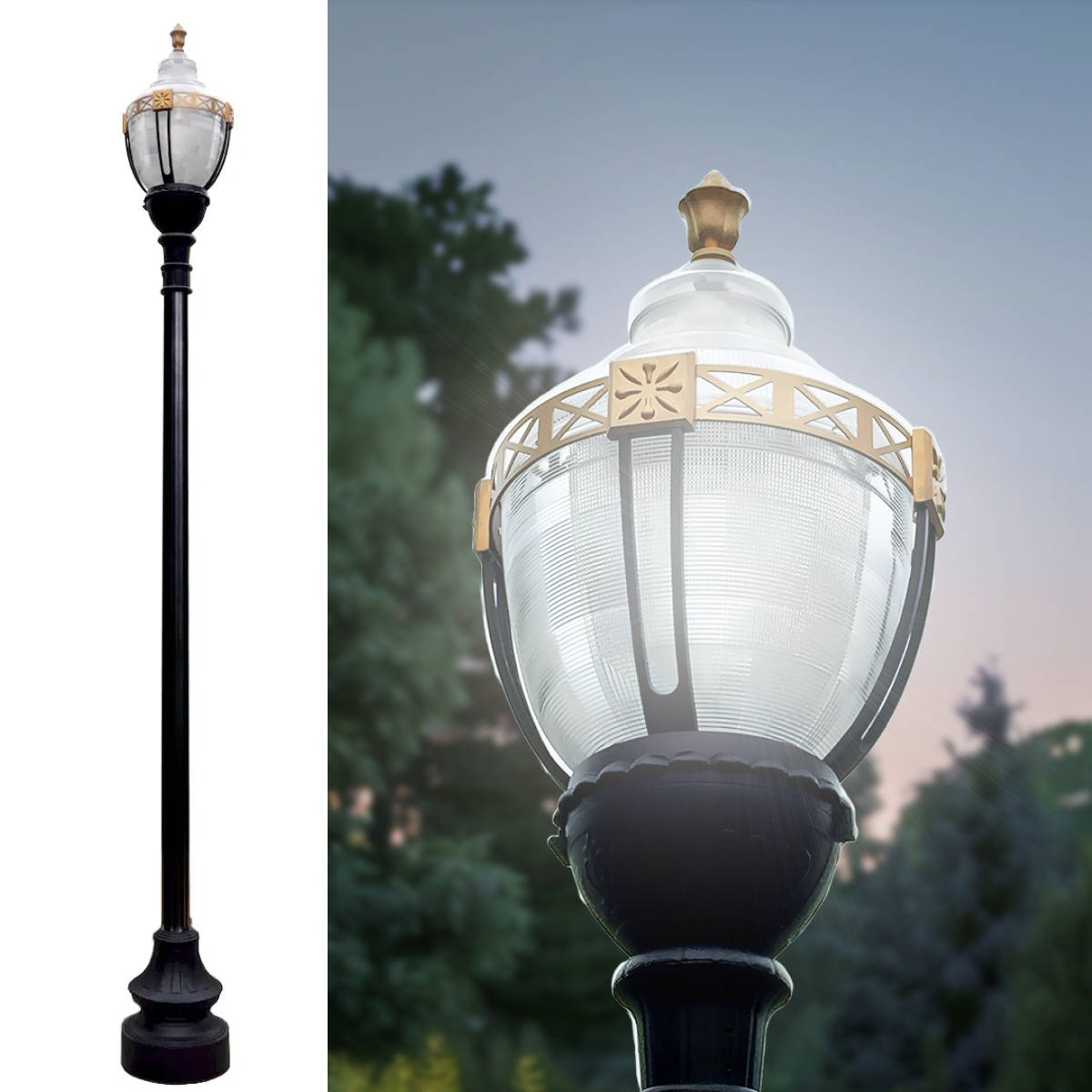 Newport Style Municipal Quality LED Street Light Fixture, Pole, and Pedestal Combo with Gold Trim