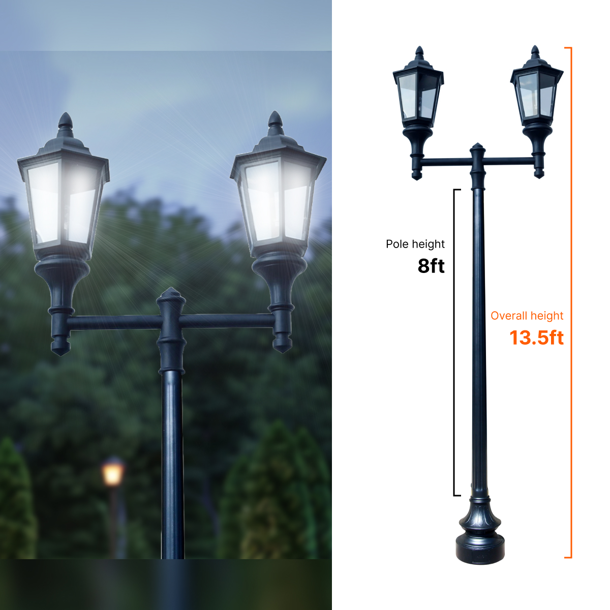 Double Lantern Style Municipal Quality LED Street Light Fixture, 8ft Pole, and Pedestal Combo