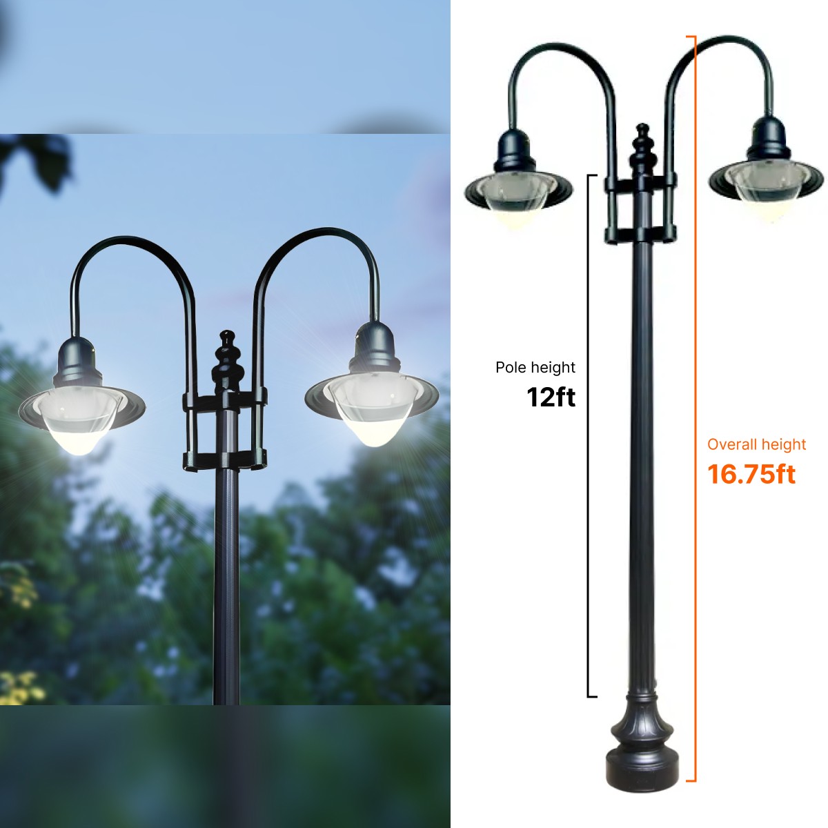Double Fixture Dark Sky Municipal Quality LED Street Light Fixture, Pole, and Pedestal Combo With 12 Feet Pole