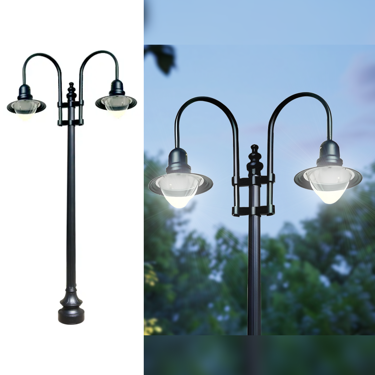 Double Fixture Dark Sky Municipal Quality LED Street Light Fixture, Pole, and Pedestal Combo