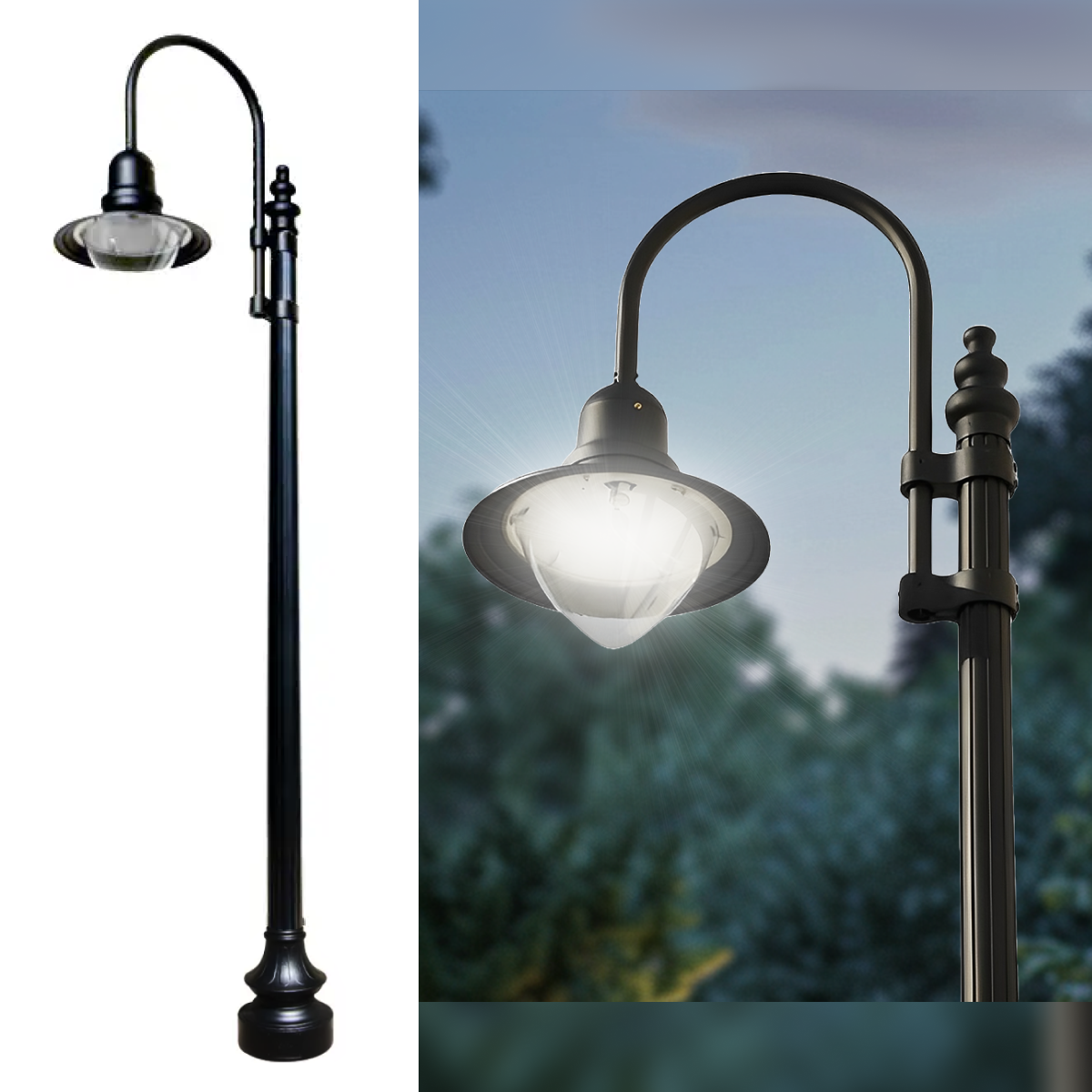 Dark Sky Municipal Quality LED Street Light Fixture, Pole, and Pedestal Combo