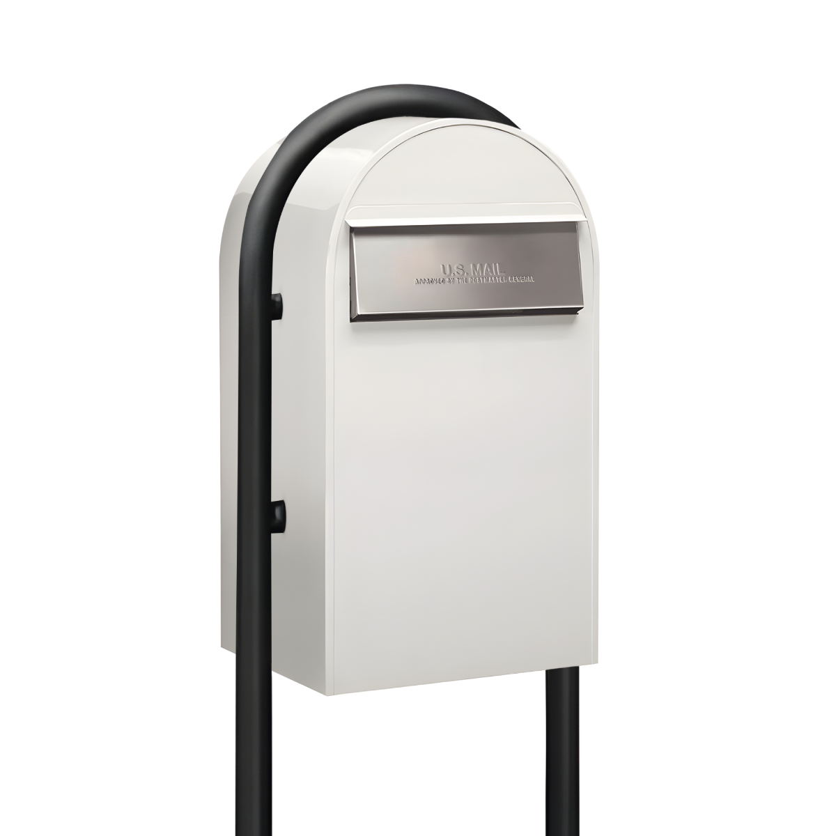 USPS Approved Bobi Grande B Rear Access Modern Locking White Mailbox with Round Black Post Combo - Stainless Steel Mail Slot –  Secure Small Parcel Delivery