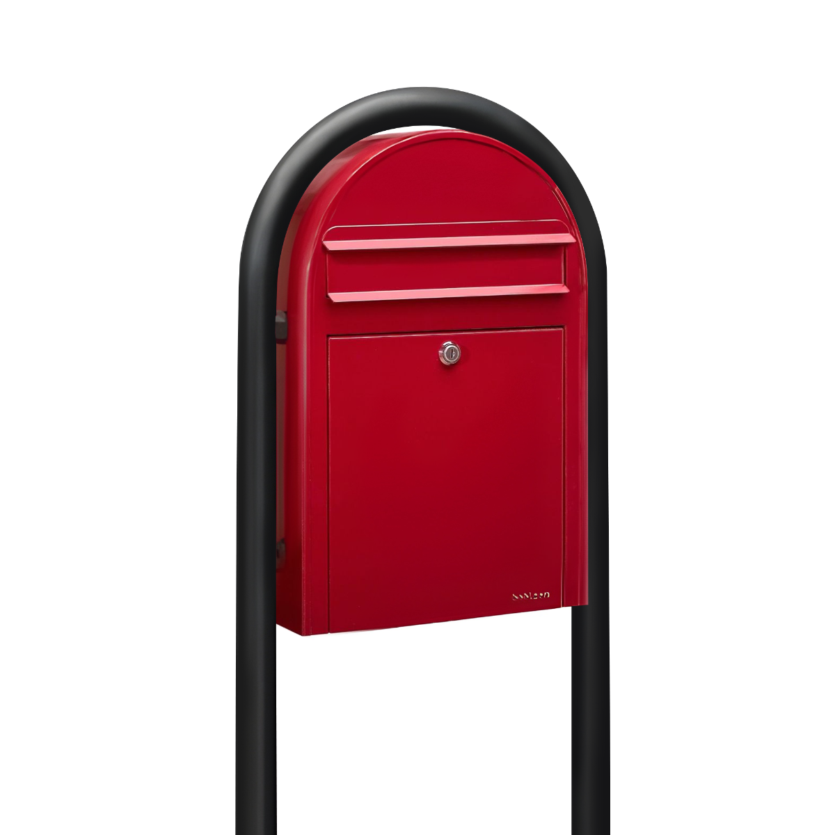 Bobi Classic Slim Front Access Modern Locking Red Mailbox and Round Black Post Combo