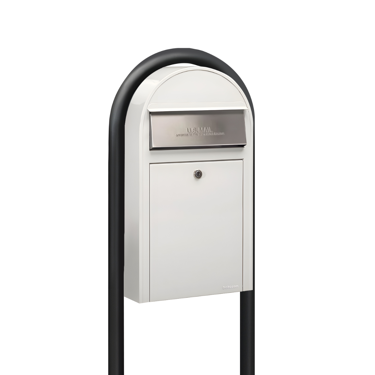USPS Approved Bobi Grande Slim Front Access Modern Locking White Mailbox with  Stainless Steel Mail Slot and Round Black Post Combo