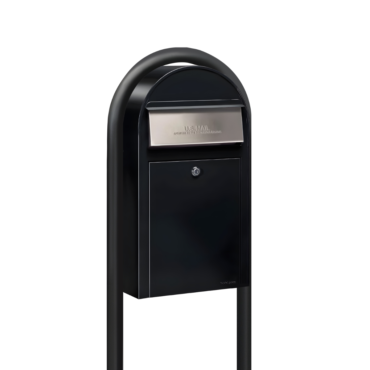 Bobi Grande Slim Front Access Black Mailbox with Stainless Steel Mail Slot and Round Black Post Combo